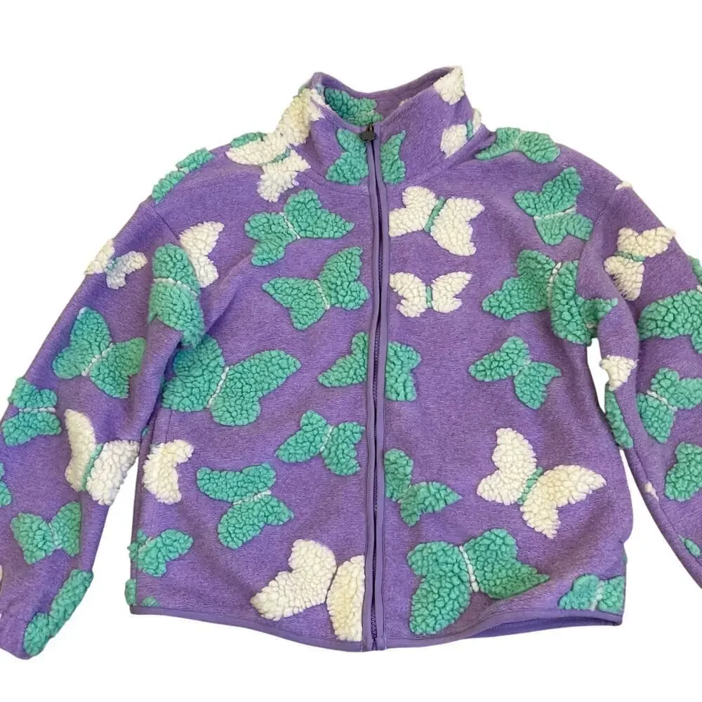 Lucky Brand Girls Sz M (10/12) Pastel Lilac Shearling Full Zip Jacket Butterfly